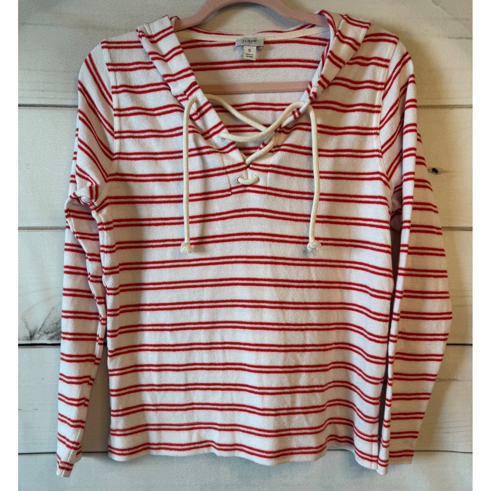 J.Crew Womens Red White Striped Lace Up Hoodie Nautical Knit Top Size S